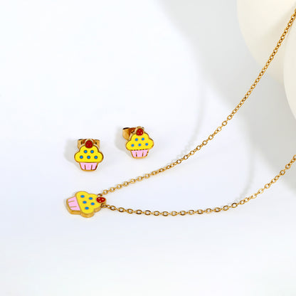 Colorful Cupcake Enamel Pendant Necklace and Stud Earrings Set