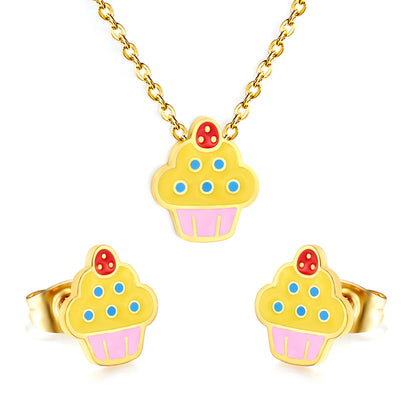 Colorful Cupcake Enamel Pendant Necklace and Stud Earrings Set