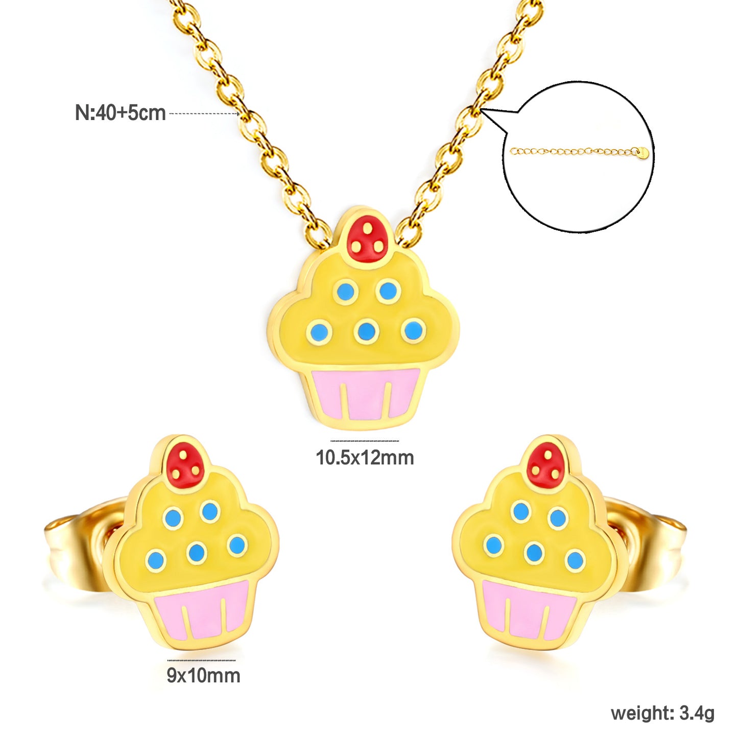 Colorful Cupcake Enamel Pendant Necklace and Stud Earrings Set