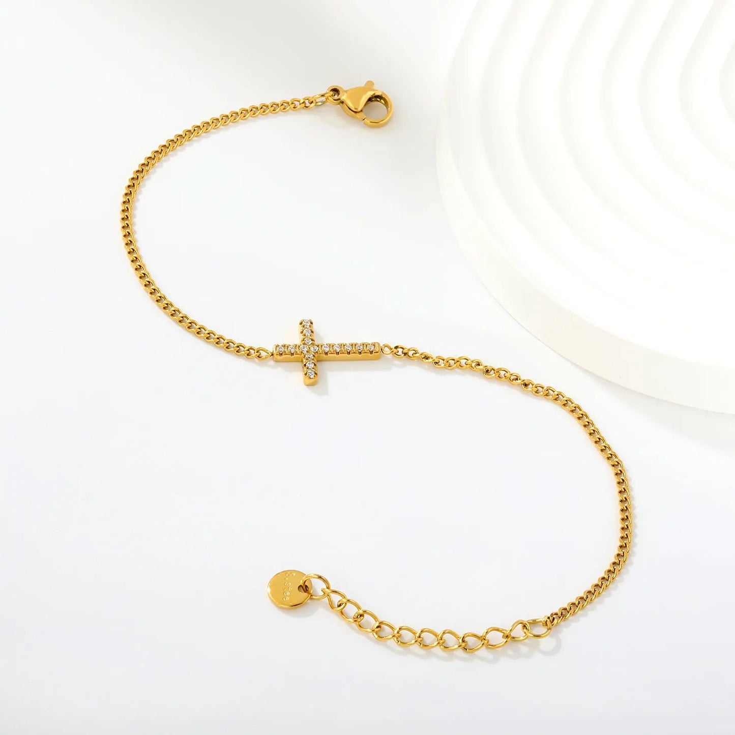 304L Stainless Steel Pave CZ Cross Thin Curb Chain Bracelet