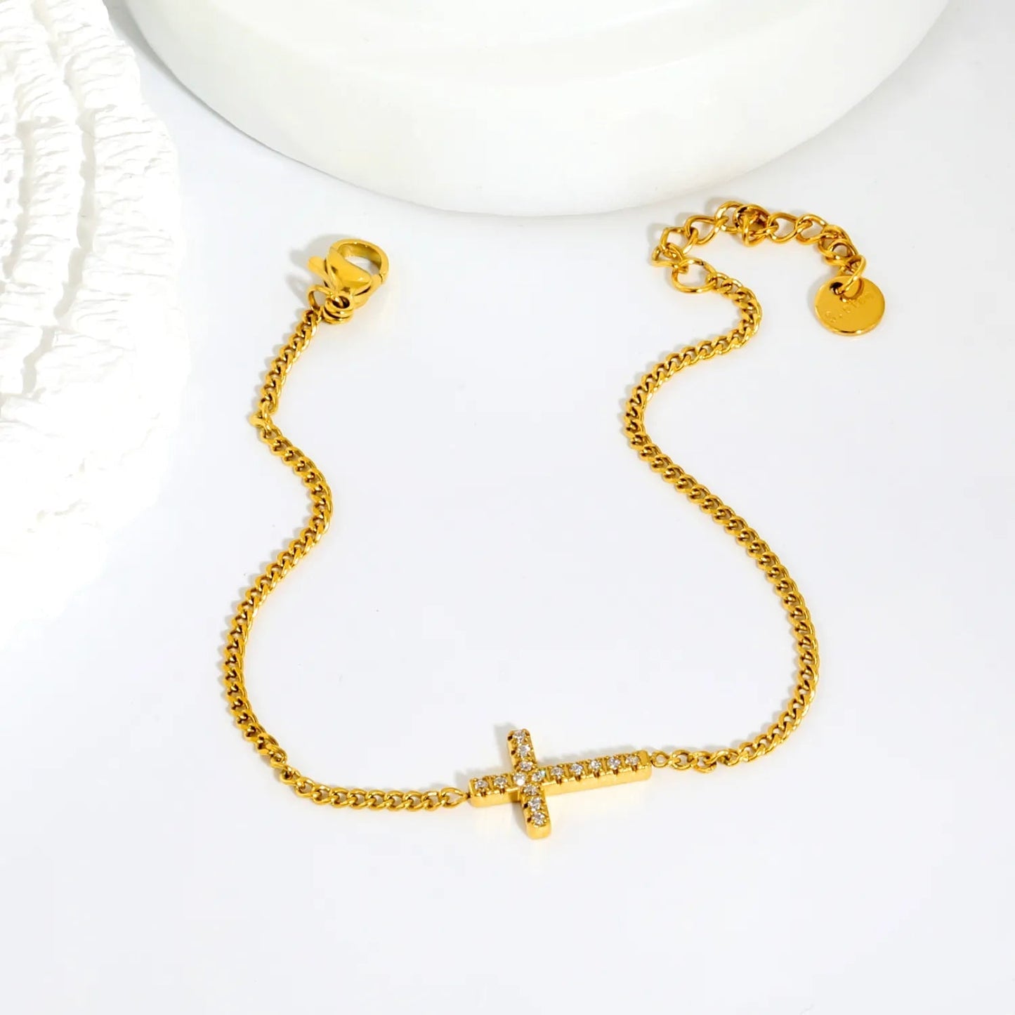 304L Stainless Steel Pave CZ Cross Thin Curb Chain Bracelet