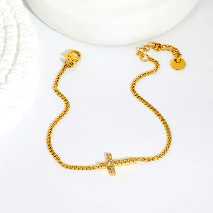 304L Stainless Steel Pave CZ Cross Thin Curb Chain Bracelet