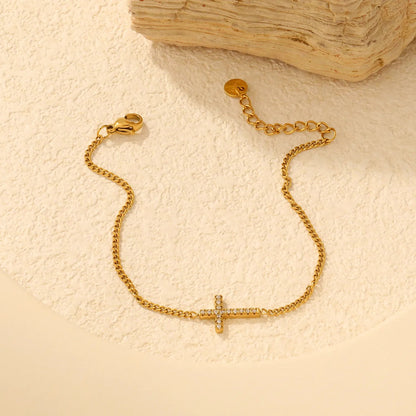 304L Stainless Steel Pave CZ Cross Thin Curb Chain Bracelet