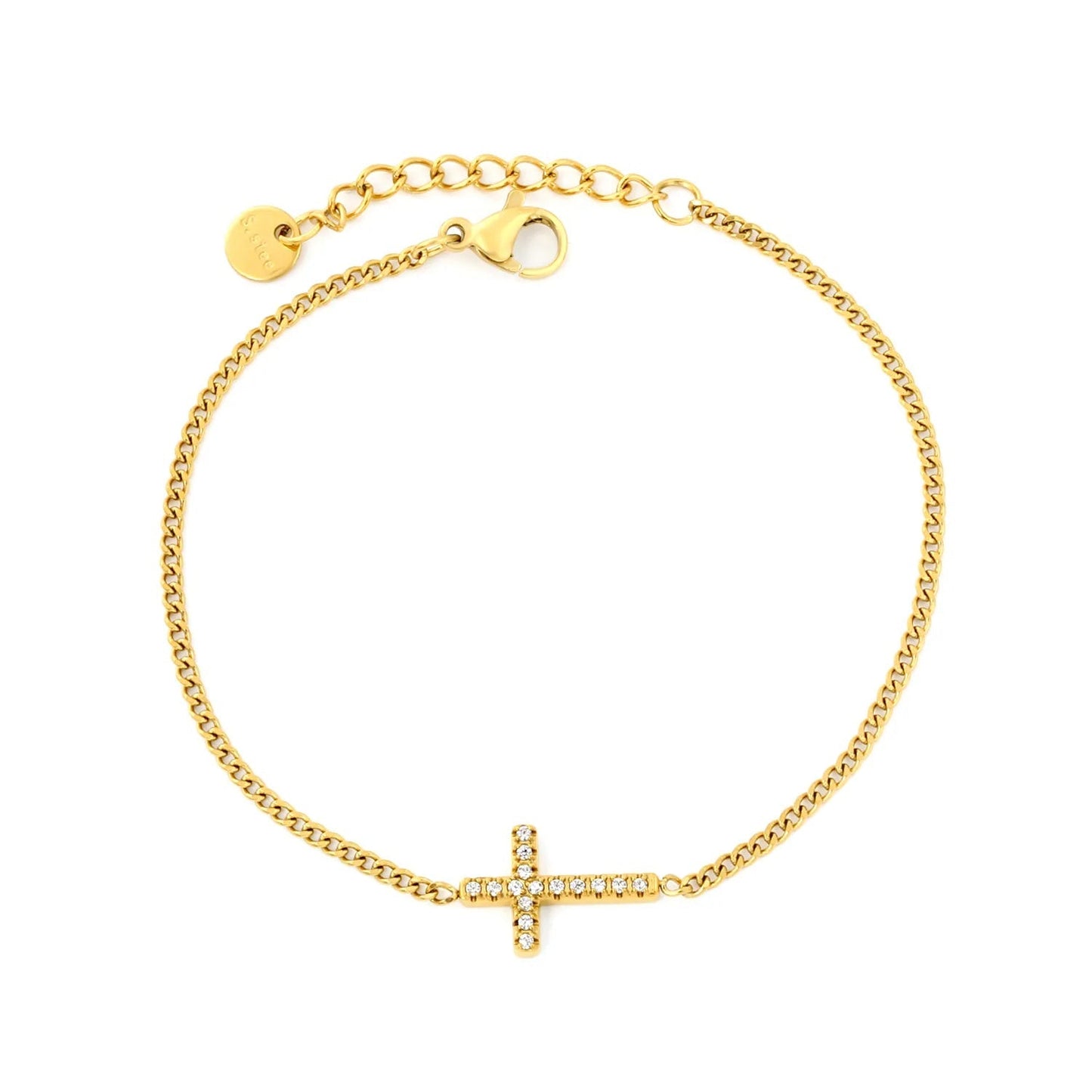 304L Stainless Steel Pave CZ Cross Thin Curb Chain Bracelet