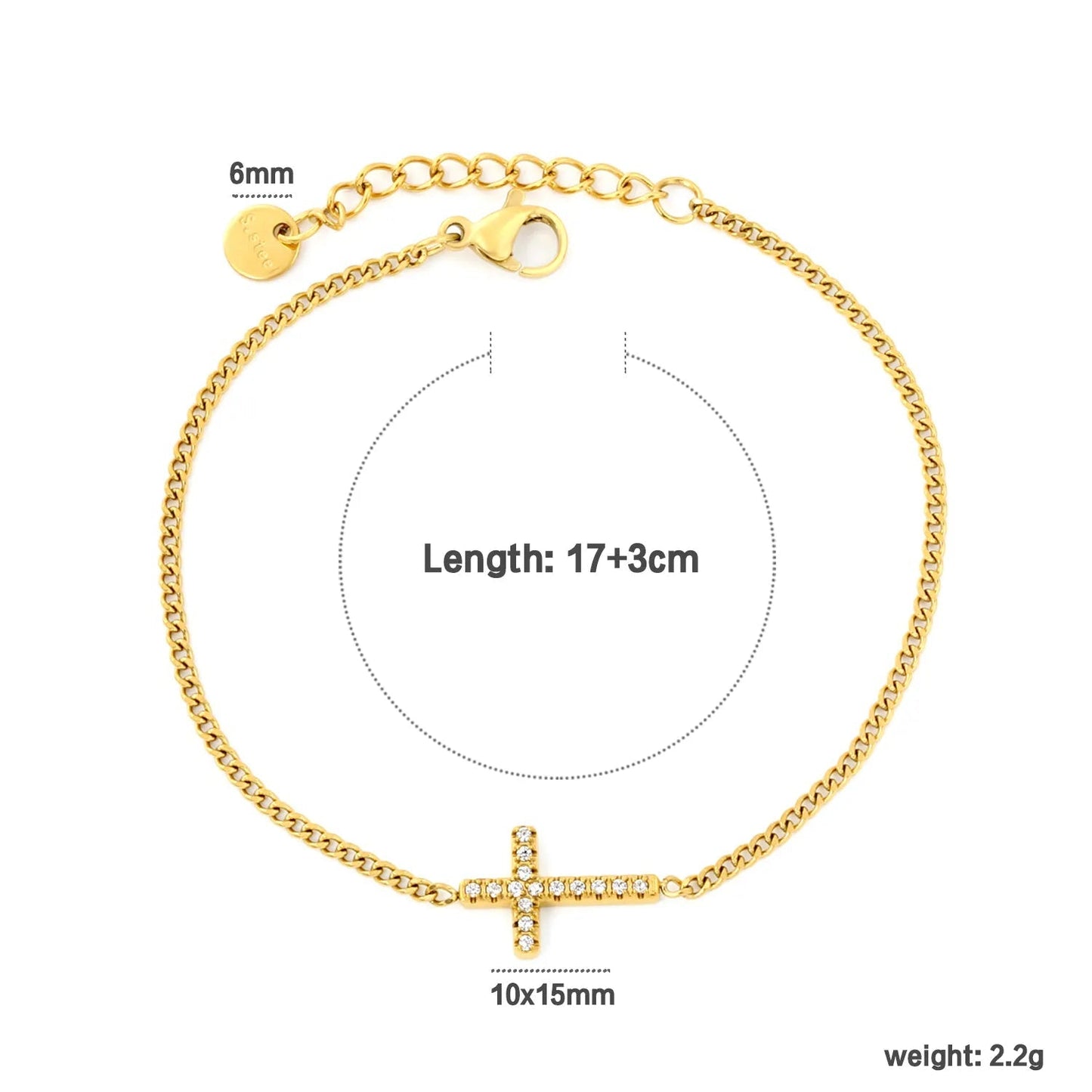 304L Stainless Steel Pave CZ Cross Thin Curb Chain Bracelet