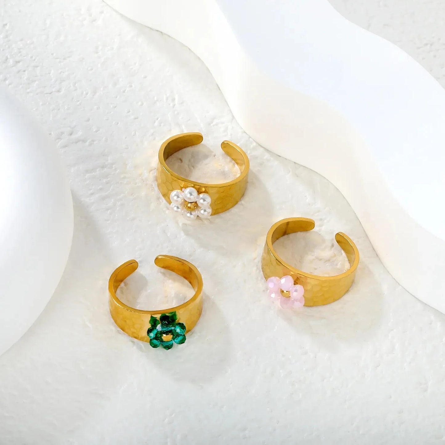Pearl Crystal Flower Ring Set 304L Stainless Steel Gold Adjustable