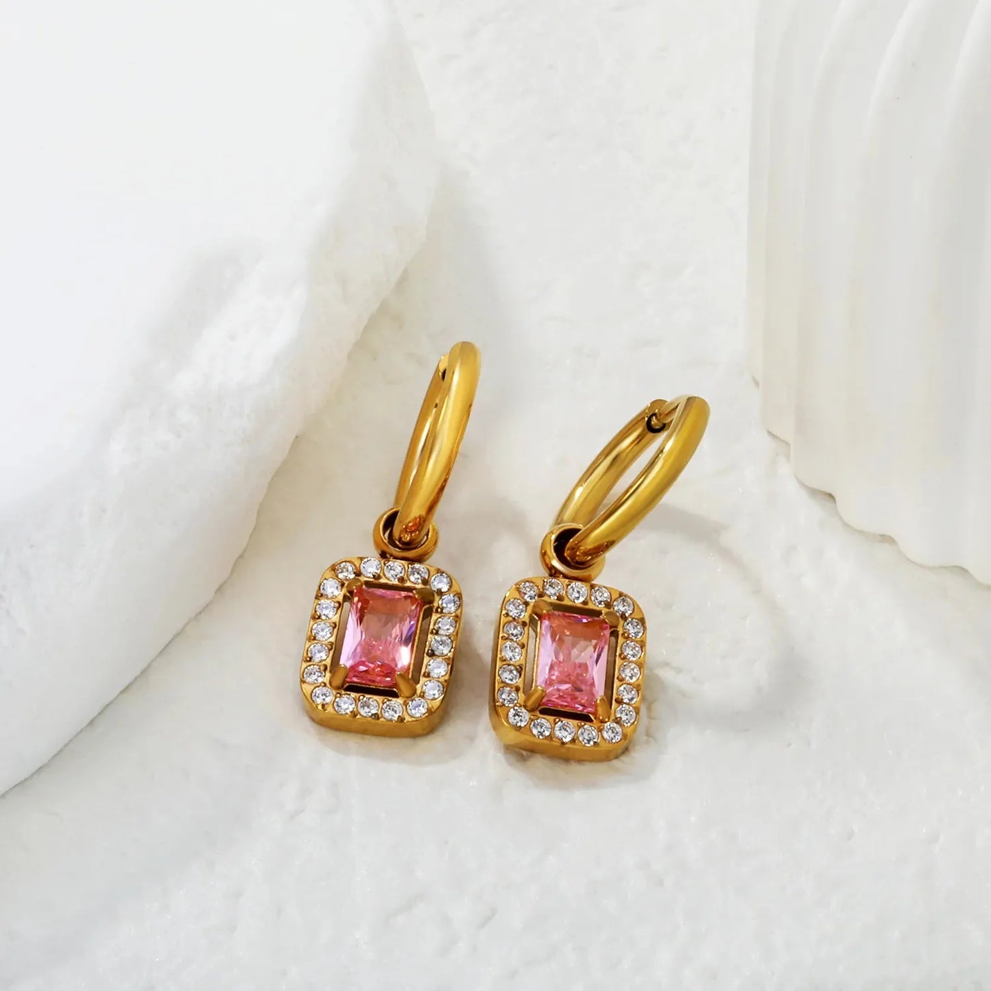 Tarnish-Free 304L Stainless Steel Earrings | Pink Square Halo Hoops