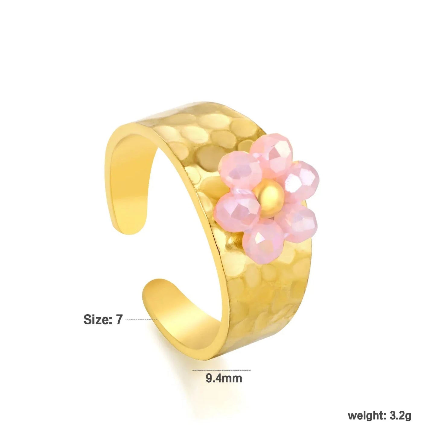 Pearl Crystal Flower Ring Set 304L Stainless Steel Gold Adjustable