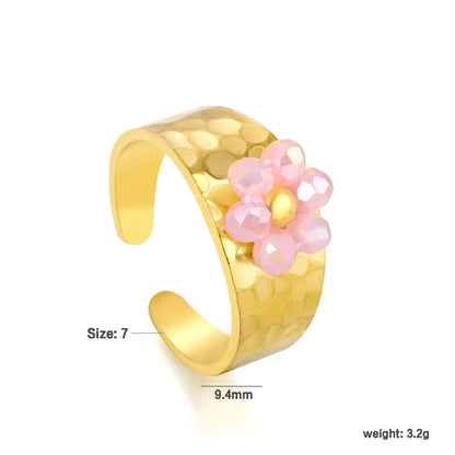Pearl Crystal Flower Ring Set 304L Stainless Steel Gold Adjustable