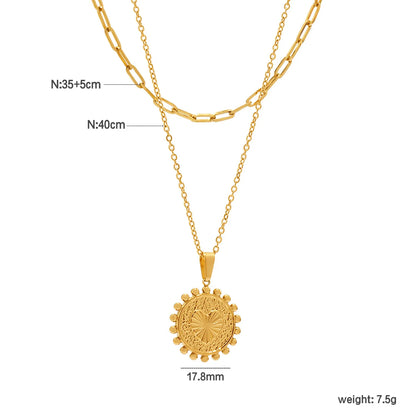 Bulk PVD Gold Relief-Textured Sun Medallion Layered Necklace