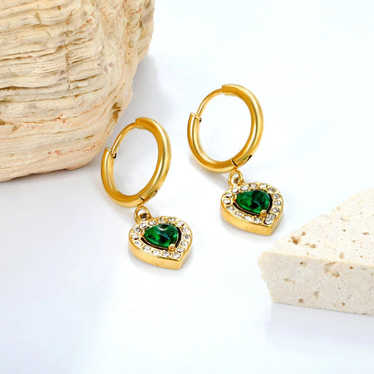 Bulk Stainless Steel Heart Earrings | Emerald Halo Zircon Hoops