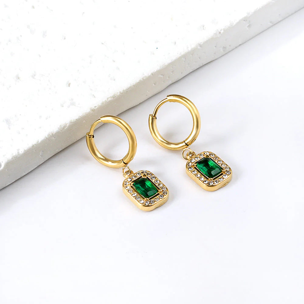 Wholesale Stainless Steel Square Earrings | Emerald Zircon Bulk