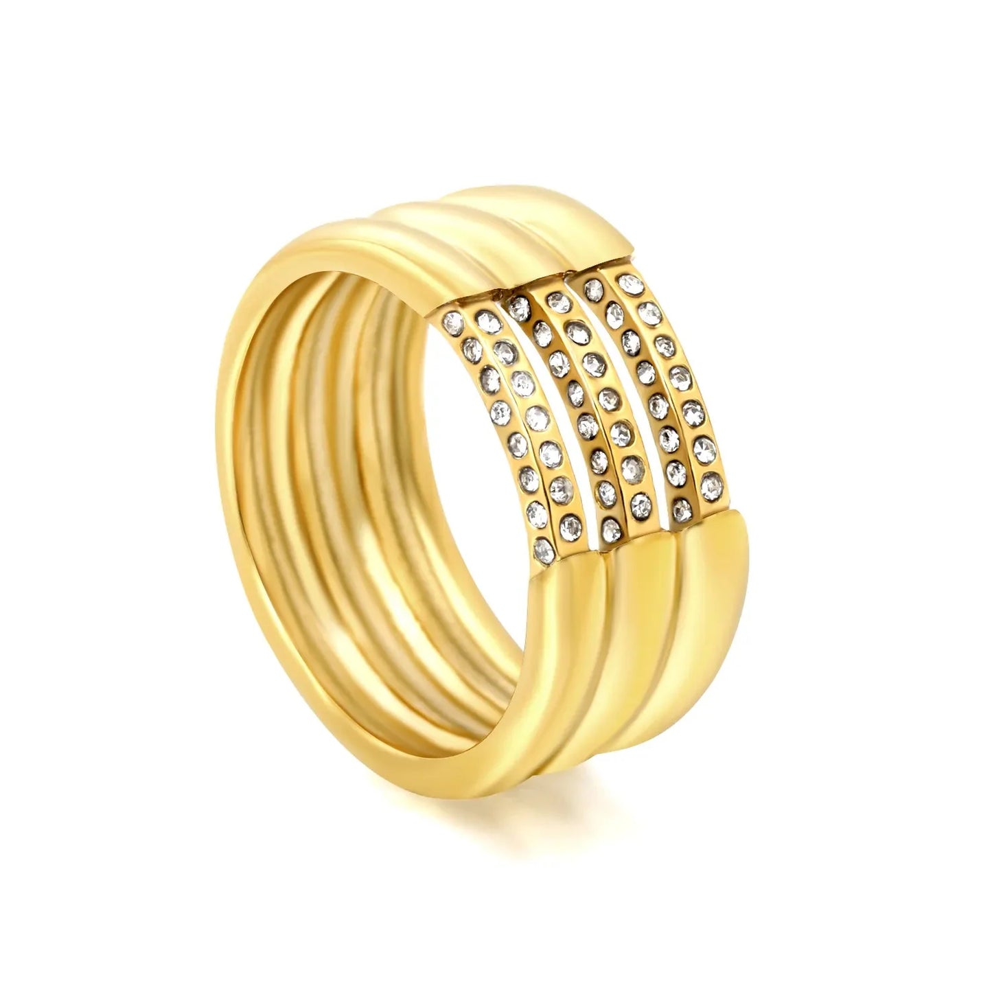 Wholesale Waterproof PVD Gold Multi-Layer Intertwined Green Zircon Ring