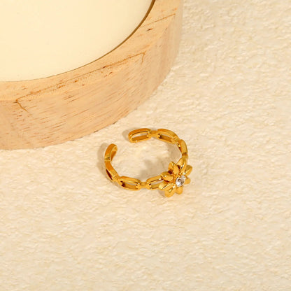 Waterproof 18K Gold Plated Floral Daisy CZ Center Open Adjustable Ring