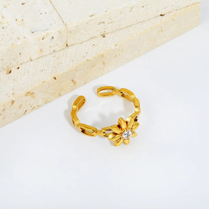 Waterproof 18K Gold Plated Floral Daisy CZ Center Open Adjustable Ring