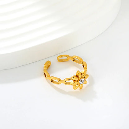 Waterproof 18K Gold Plated Floral Daisy CZ Center Open Adjustable Ring
