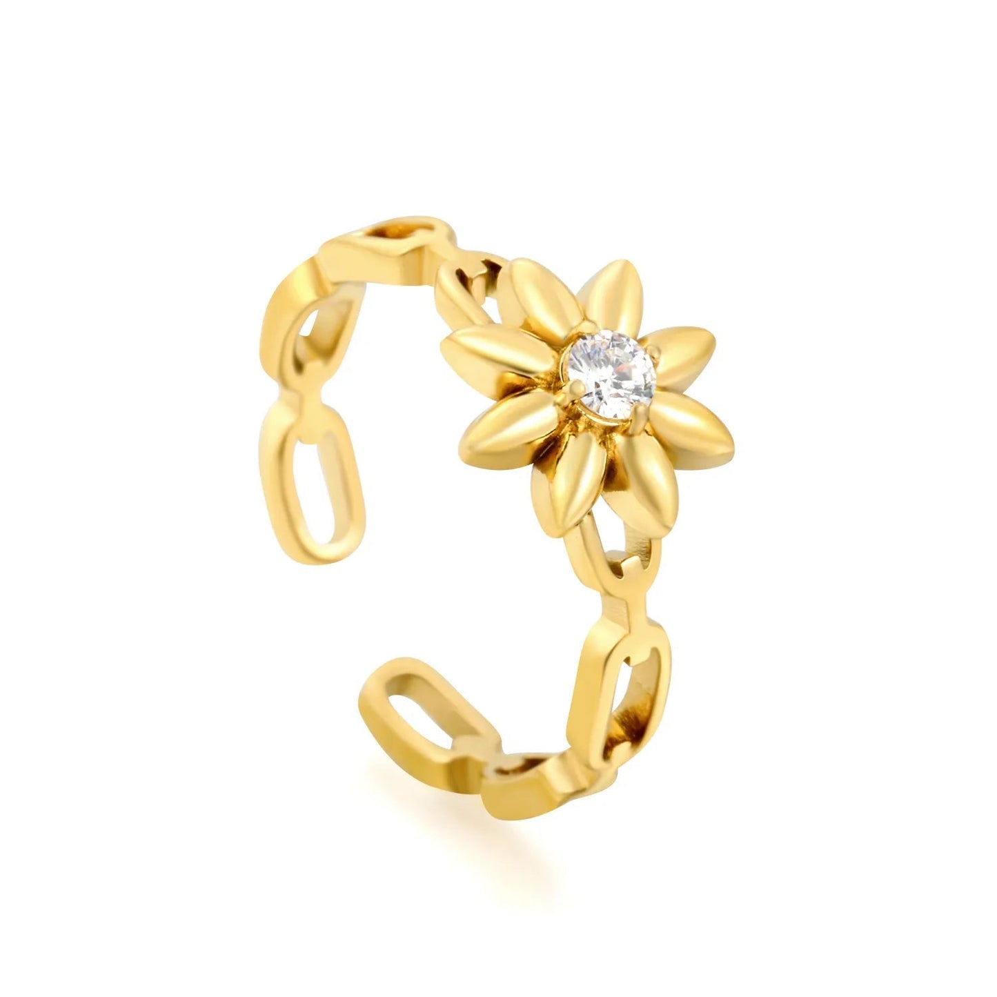 Waterproof 18K Gold Plated Floral Daisy CZ Center Open Adjustable Ring
