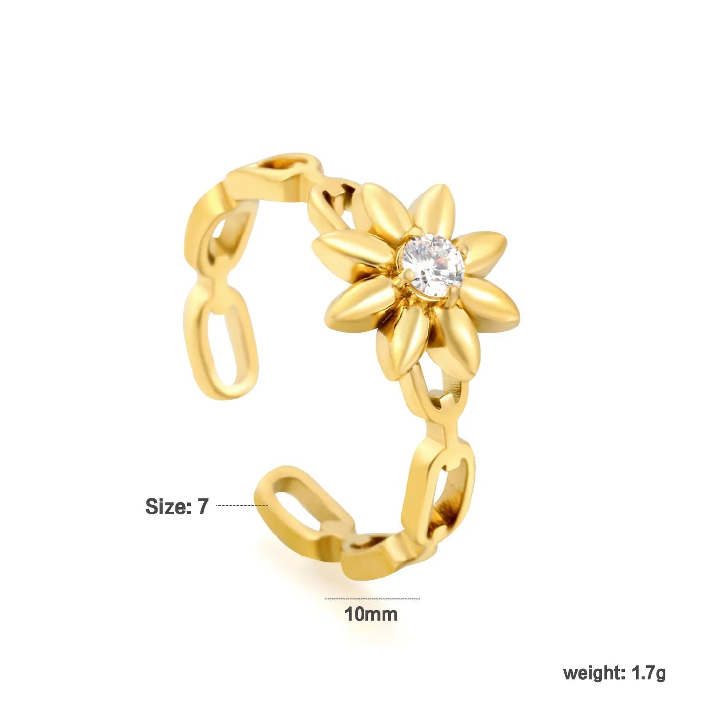 Waterproof 18K Gold Plated Floral Daisy CZ Center Open Adjustable Ring