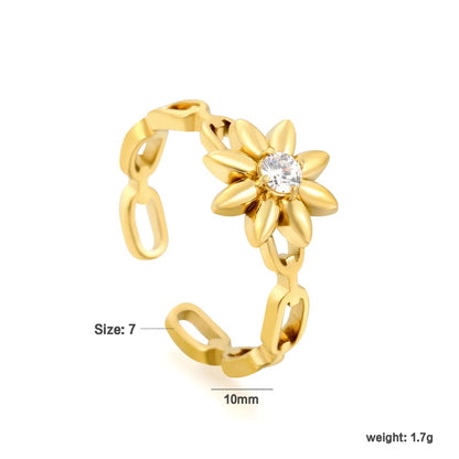 Waterproof 18K Gold Plated Floral Daisy CZ Center Open Adjustable Ring