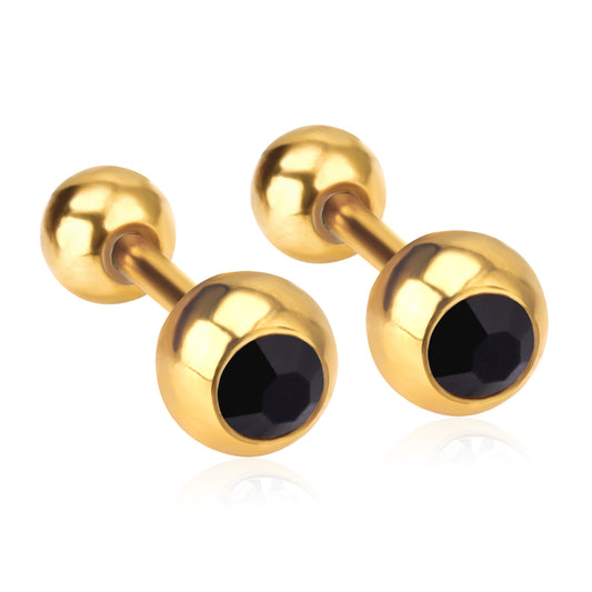 Wholesale Golden Stud Earrings with Black Gem and Sparkling Diamond Accents