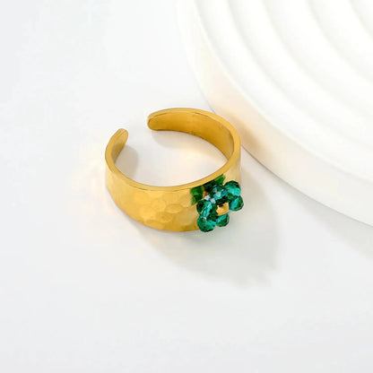 Pearl Crystal Flower Ring Set 304L Stainless Steel Gold Adjustable