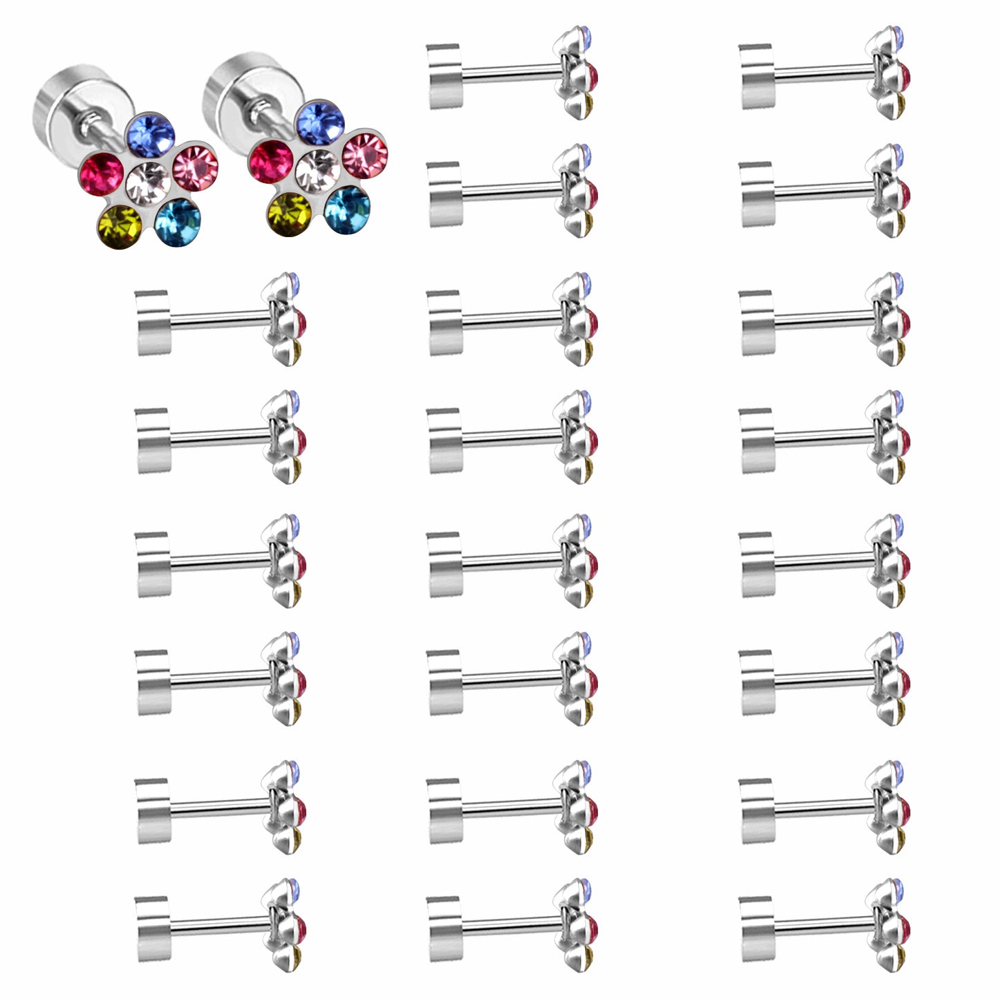 Wholesale Multicolored Gem Adorned Golden Flower Stud Earrings