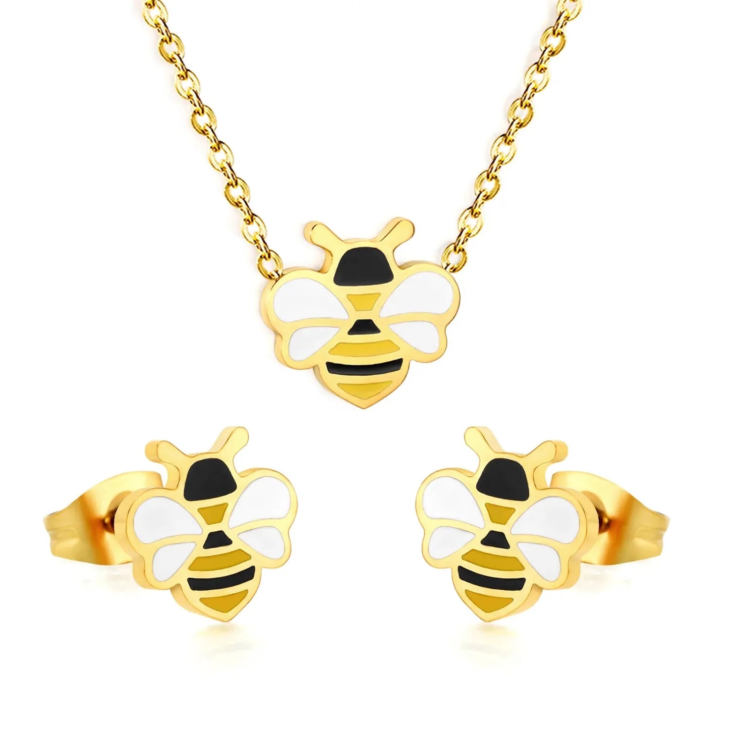 Factory Direct 304L Stainless Steel Bee Jewelry Set Hypoallergenic Necklace & Earrings