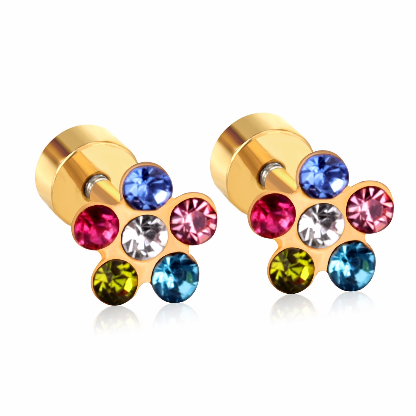 Wholesale Multicolored Gem Adorned Golden Flower Stud Earrings