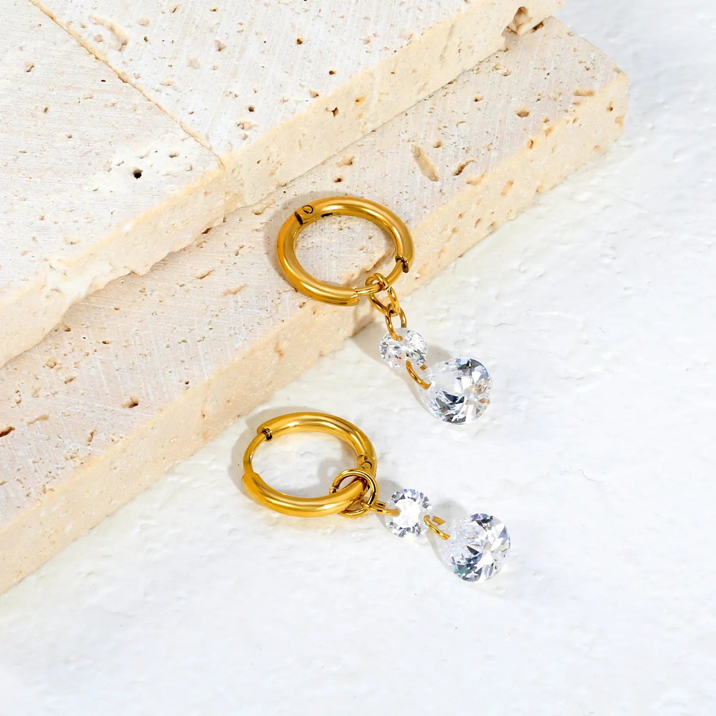 Waterproof 304L Steel Latch Back Hoop Earrings Tiered Round Pear Shape CZ Dangle