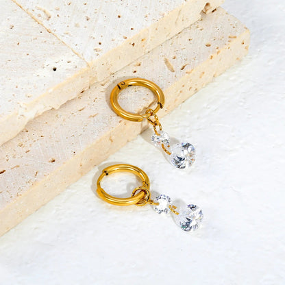 Waterproof 304L Steel Latch Back Hoop Earrings Tiered Round Pear Shape CZ Dangle