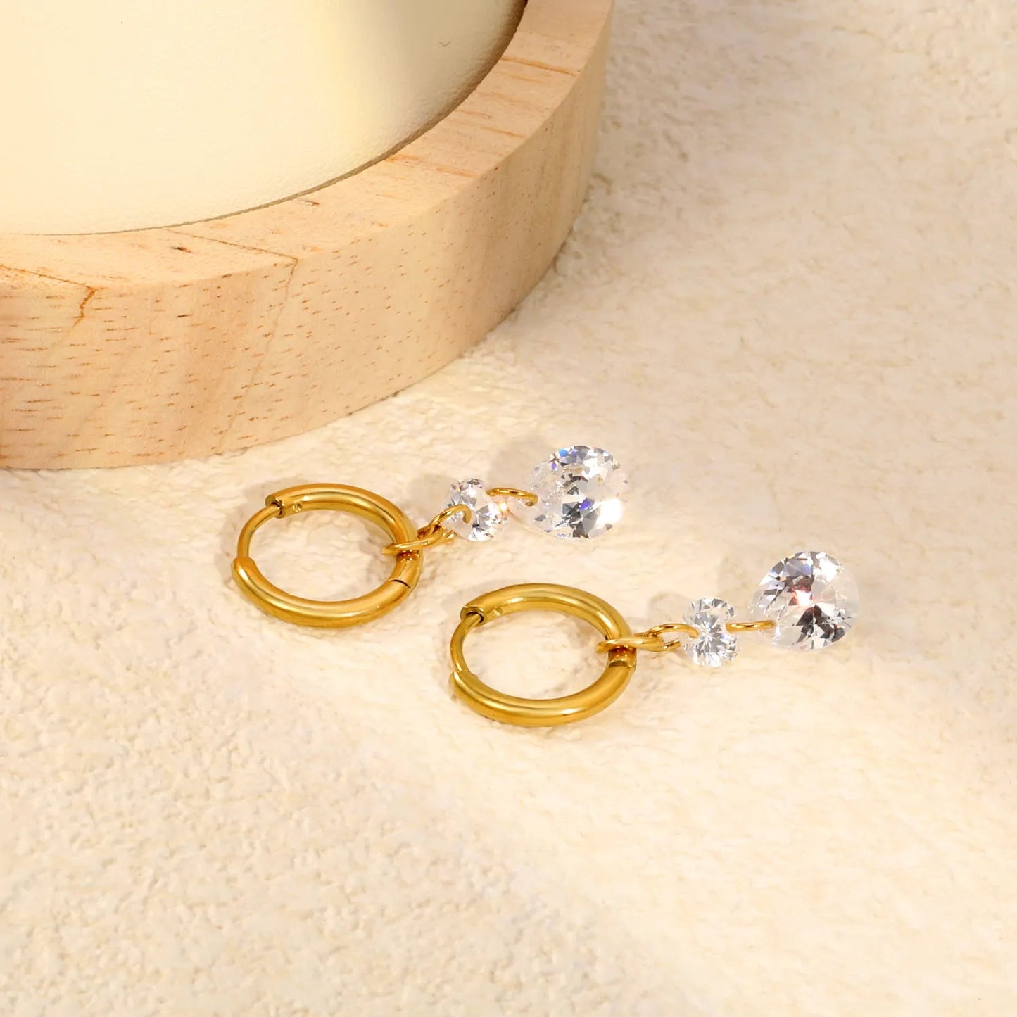 Waterproof 304L Steel Latch Back Hoop Earrings Tiered Round Pear Shape CZ Dangle