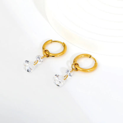 Waterproof 304L Steel Latch Back Hoop Earrings Tiered Round Pear Shape CZ Dangle