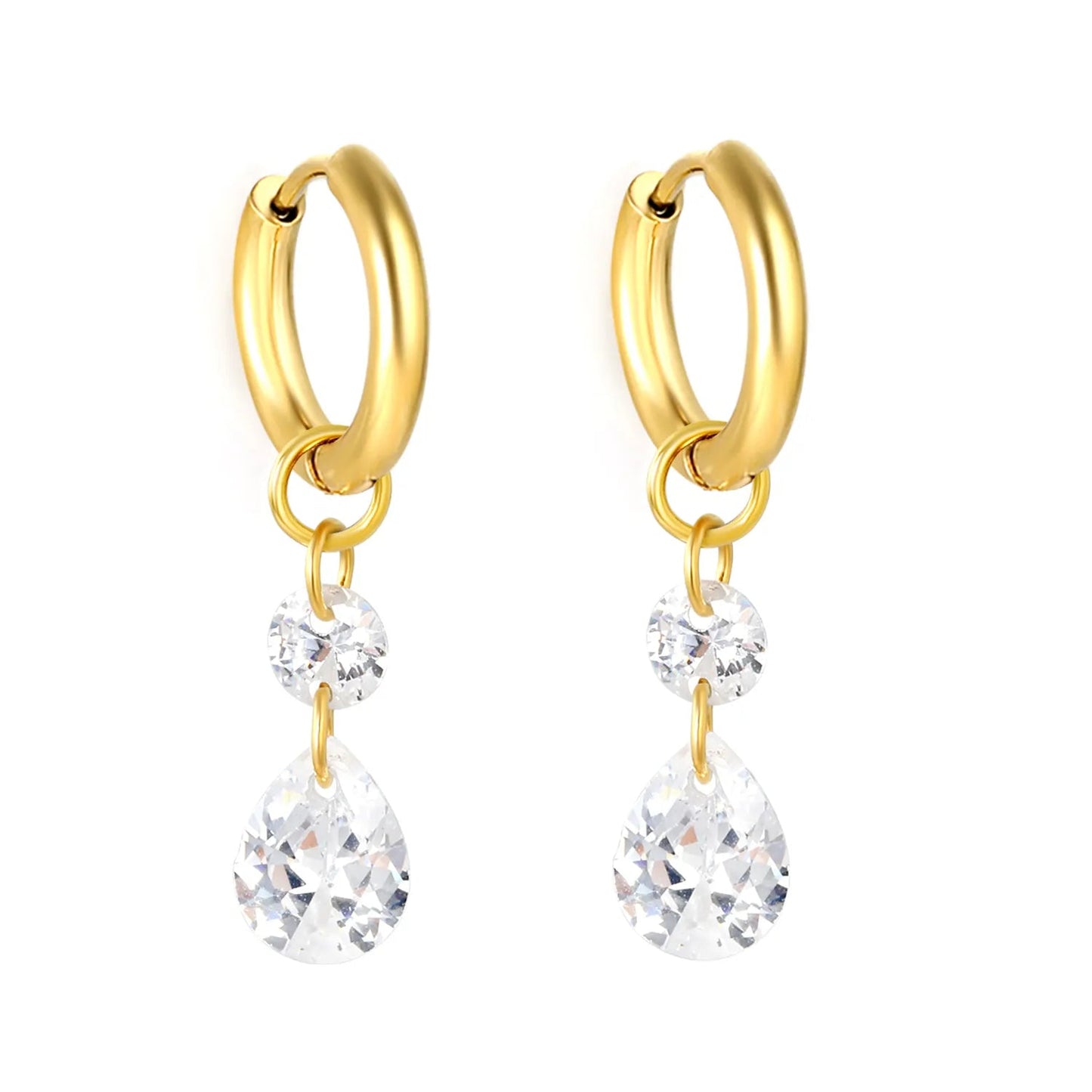 Waterproof 304L Steel Latch Back Hoop Earrings Tiered Round Pear Shape CZ Dangle