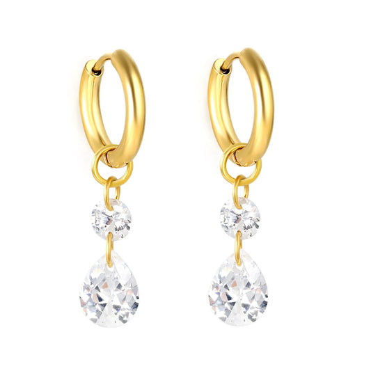 Waterproof 304L Steel Latch Back Hoop Earrings Tiered Round Pear Shape CZ Dangle
