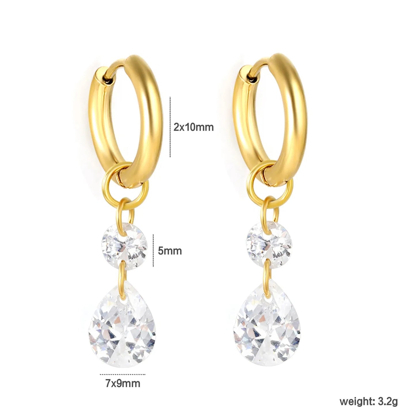 Waterproof 304L Steel Latch Back Hoop Earrings Tiered Round Pear Shape CZ Dangle
