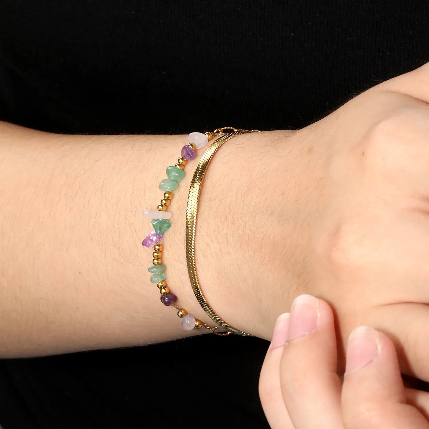 Non-Tarnish 304L Stainless Steel Mixed Crystal Chip Layered Bracelet