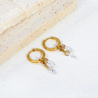 Bulk Buy 304L Steel Two Marquise Gemstone Long Hanging Chain Huggies Earrings