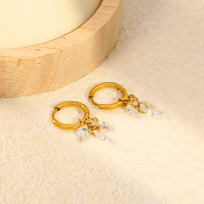 Bulk Buy 304L Steel Two Marquise Gemstone Long Hanging Chain Huggies Earrings
