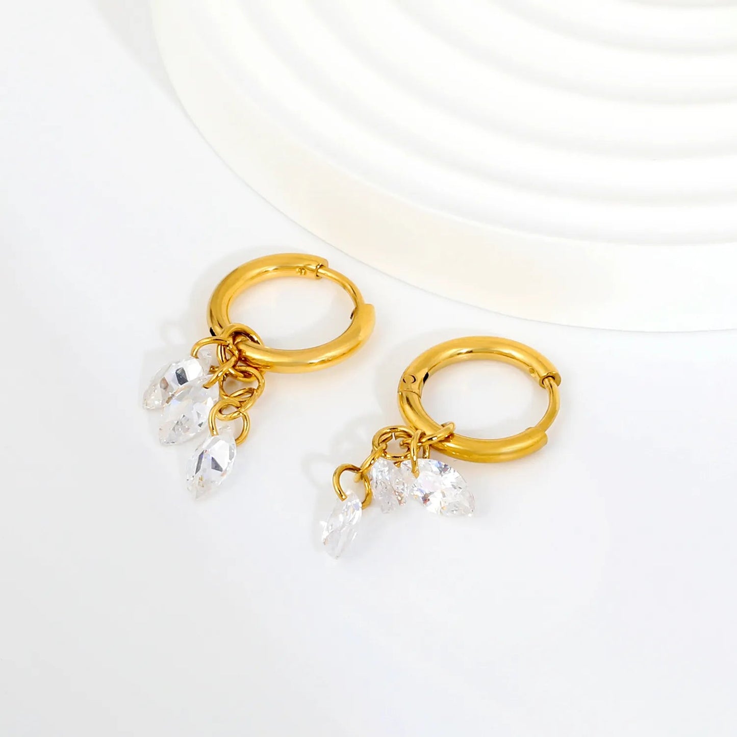 Bulk Buy 304L Steel Two Marquise Gemstone Long Hanging Chain Huggies Earrings