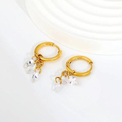 Bulk Buy 304L Steel Two Marquise Gemstone Long Hanging Chain Huggies Earrings