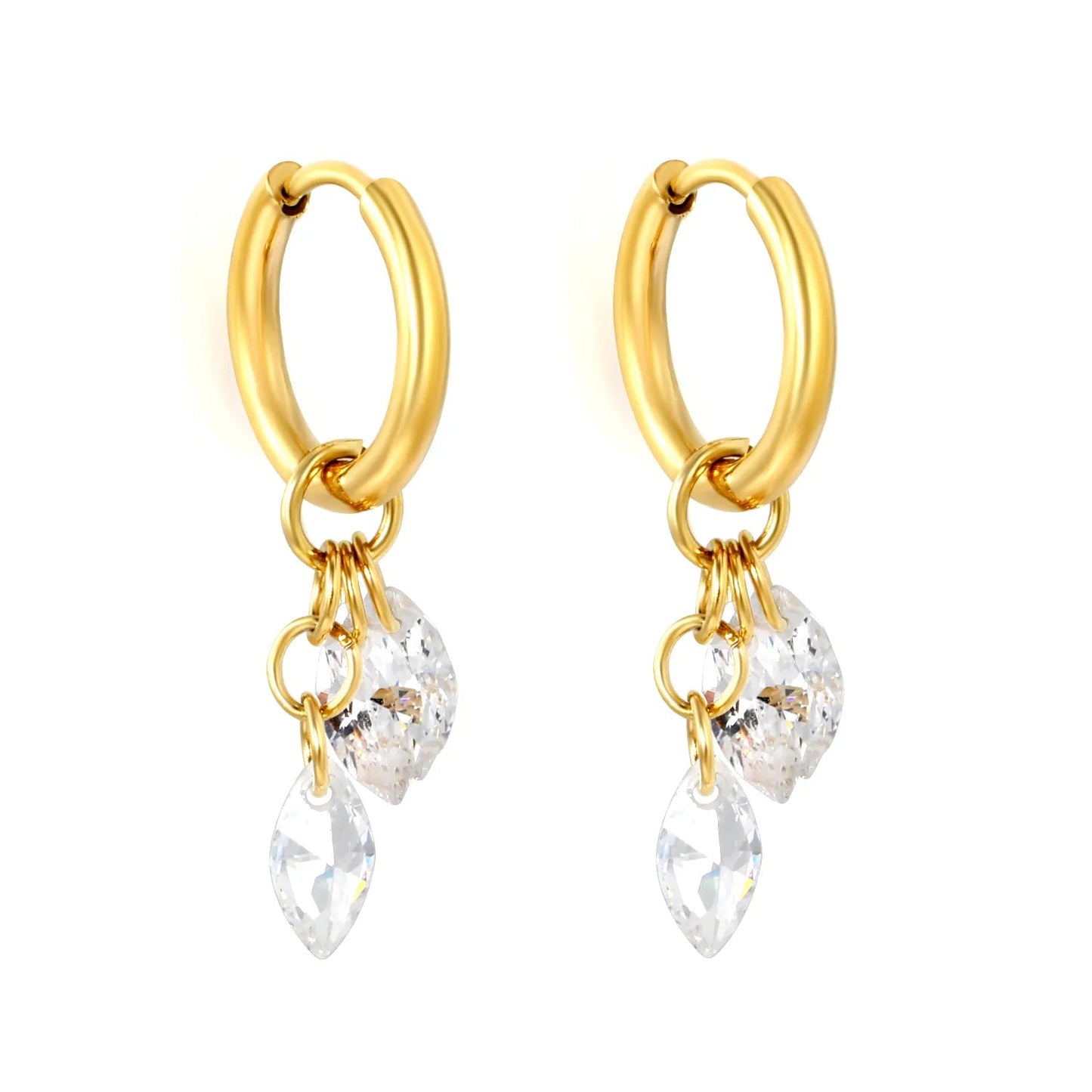 Bulk Buy 304L Steel Two Marquise Gemstone Long Hanging Chain Huggies Earrings