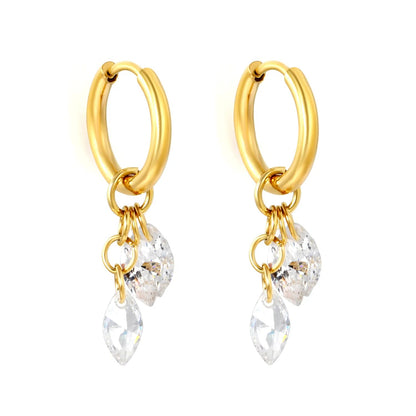 Bulk Buy 304L Steel Two Marquise Gemstone Long Hanging Chain Huggies Earrings