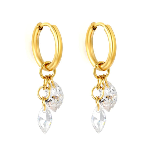 Bulk Buy 304L Steel Two Marquise Gemstone Long Hanging Chain Huggies Earrings