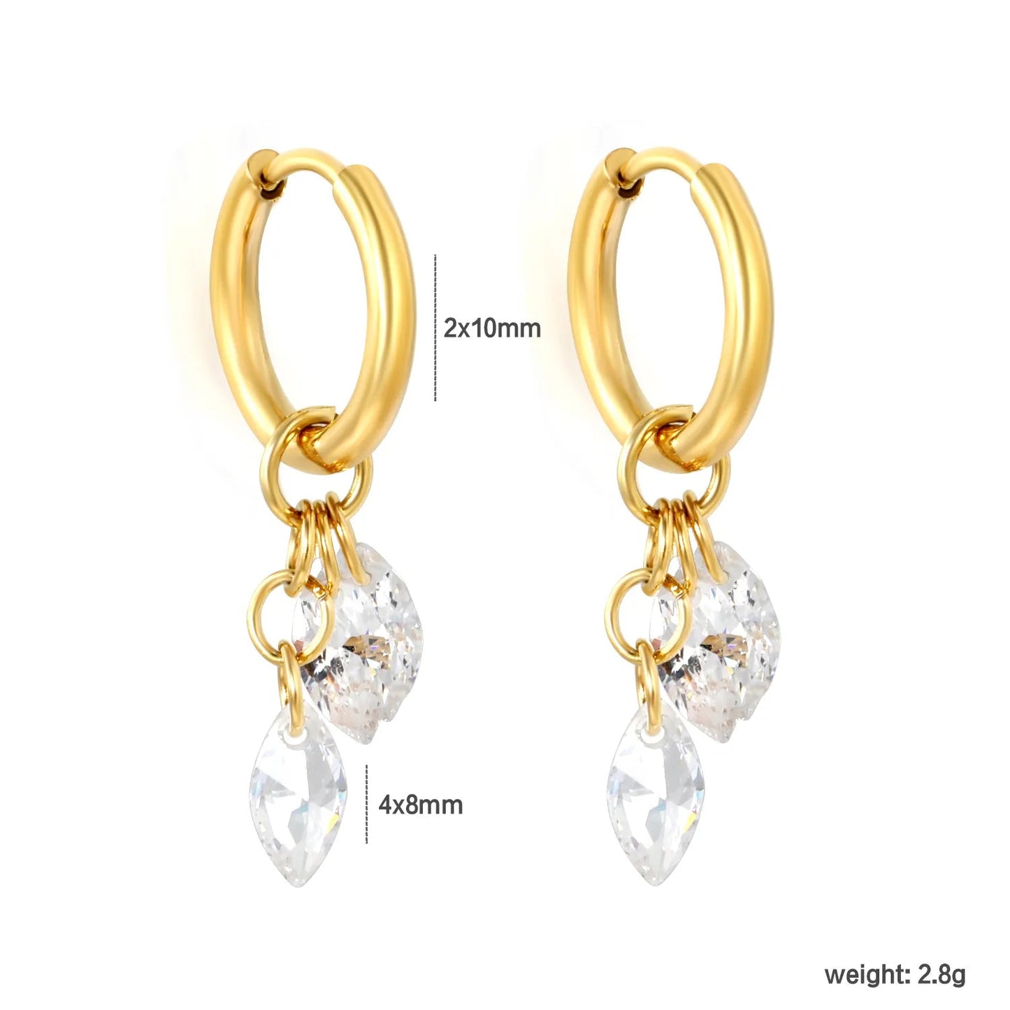 Bulk Buy 304L Steel Two Marquise Gemstone Long Hanging Chain Huggies Earrings