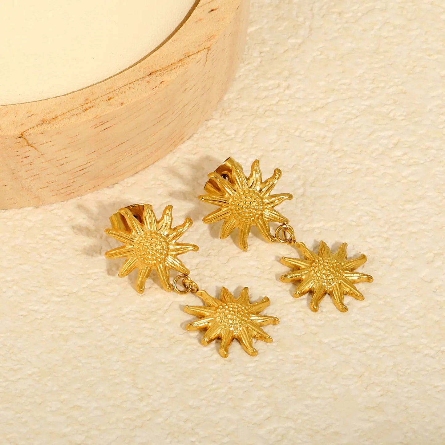 18K PVD Gold Plated Tiered Daisy Blossom Dangle Earrings Tarnish-Free