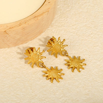 18K PVD Gold Plated Tiered Daisy Blossom Dangle Earrings Tarnish-Free