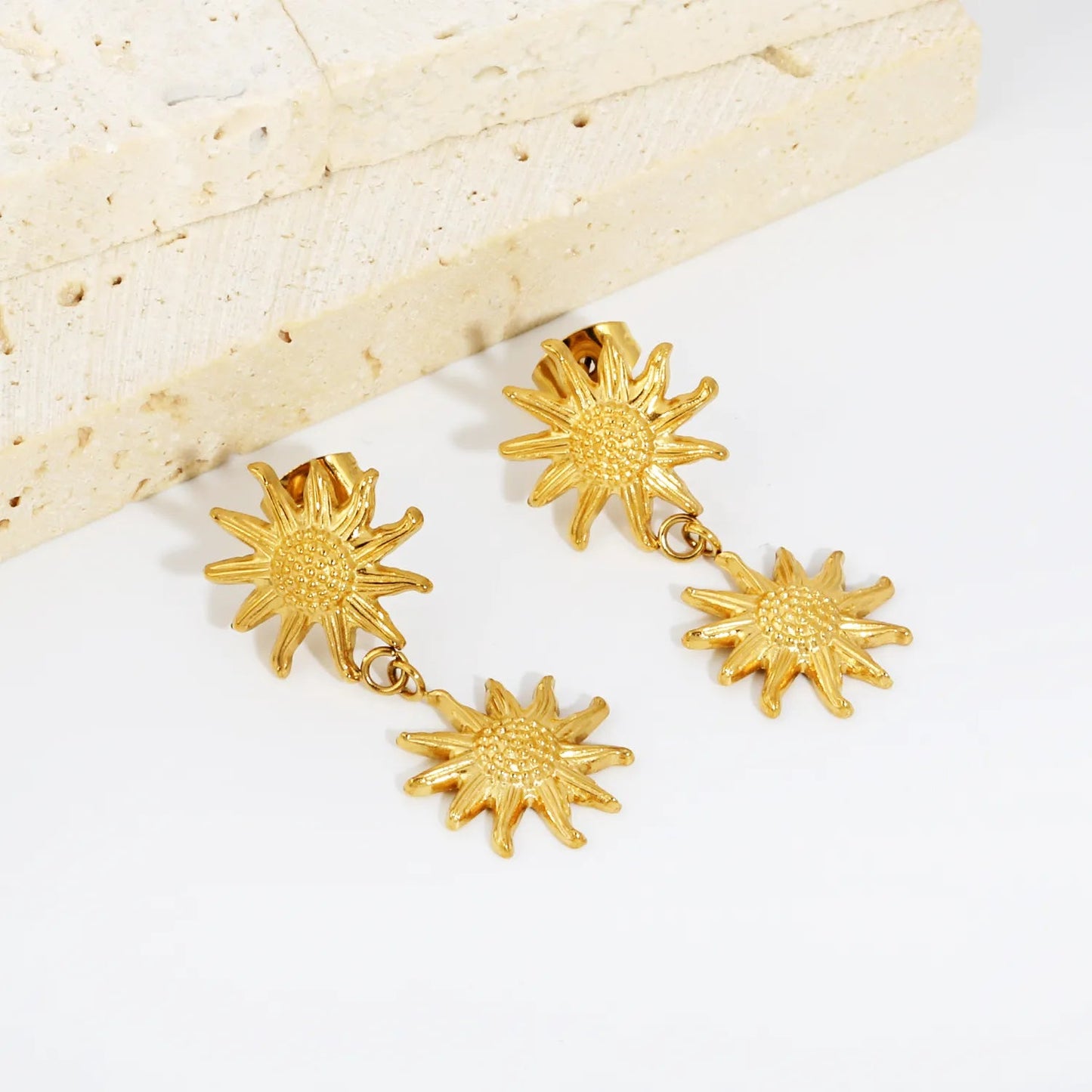 18K PVD Gold Plated Tiered Daisy Blossom Dangle Earrings Tarnish-Free