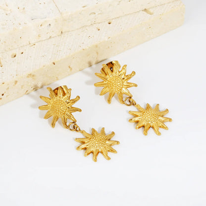 18K PVD Gold Plated Tiered Daisy Blossom Dangle Earrings Tarnish-Free