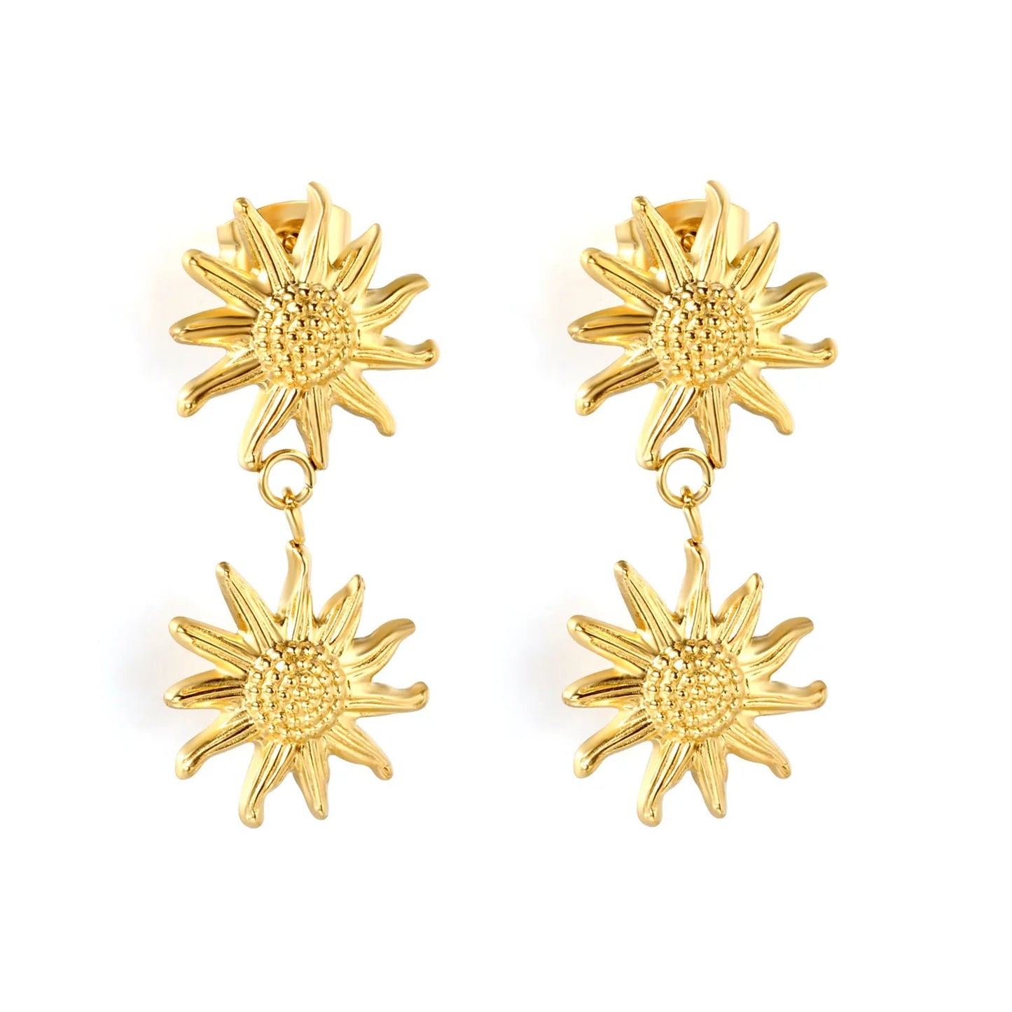 18K PVD Gold Plated Tiered Daisy Blossom Dangle Earrings Tarnish-Free