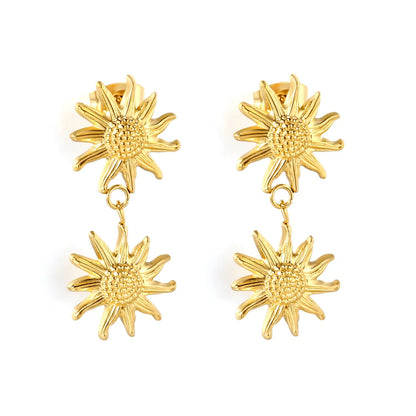 18K PVD Gold Plated Tiered Daisy Blossom Dangle Earrings Tarnish-Free